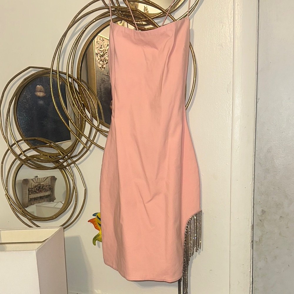 Elegant Pink Strapless Dress with Fringe Detail